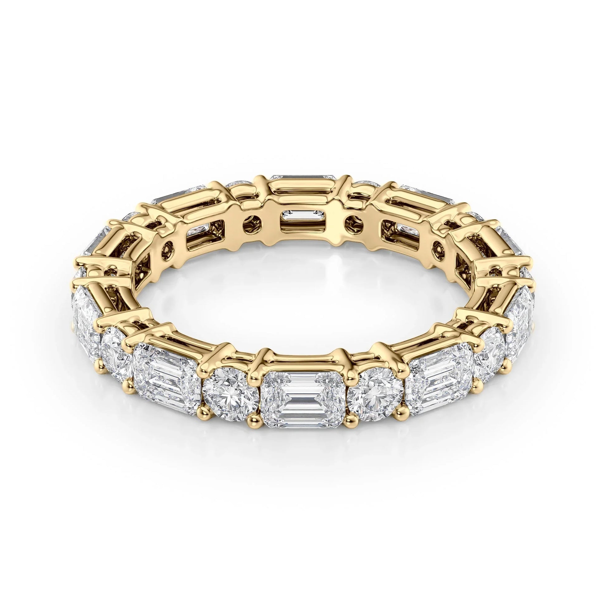 Alternating Emerald and Round Lab Grown Diamond Basket Eternity Band, EF Color, VS Clarity, IGI Certified Ring