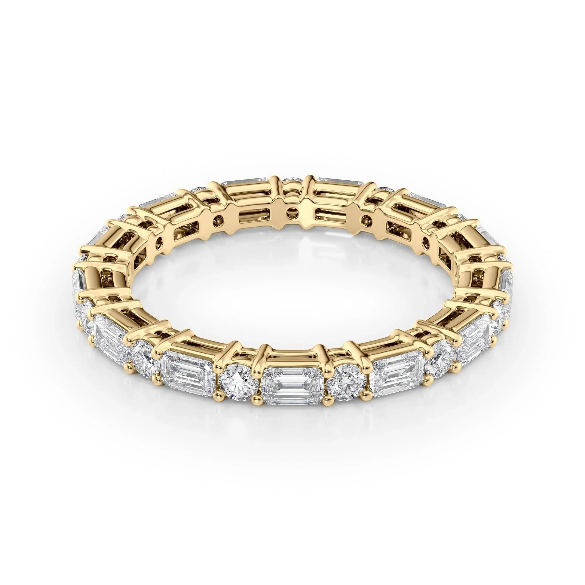 Alternating Emerald and Round Lab Grown Diamond Basket Eternity Band, EF Color, VS Clarity, IGI Certified Ring