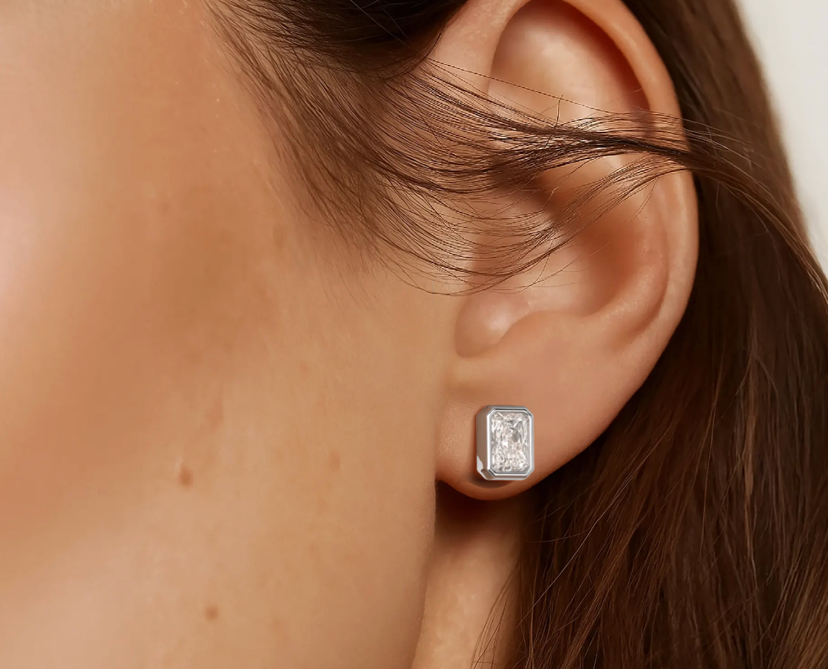 White :: lab grown elongated radiant diamond earrings intense brilliance premium studs