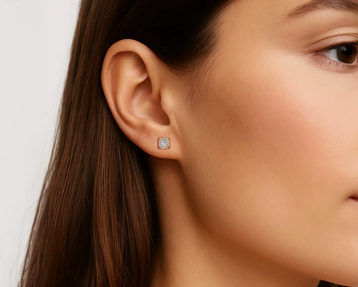 Yellow:: princess cut halo lab grown diamond stud earrings premium halo setting elegant design fine jewelry gift for special occasions