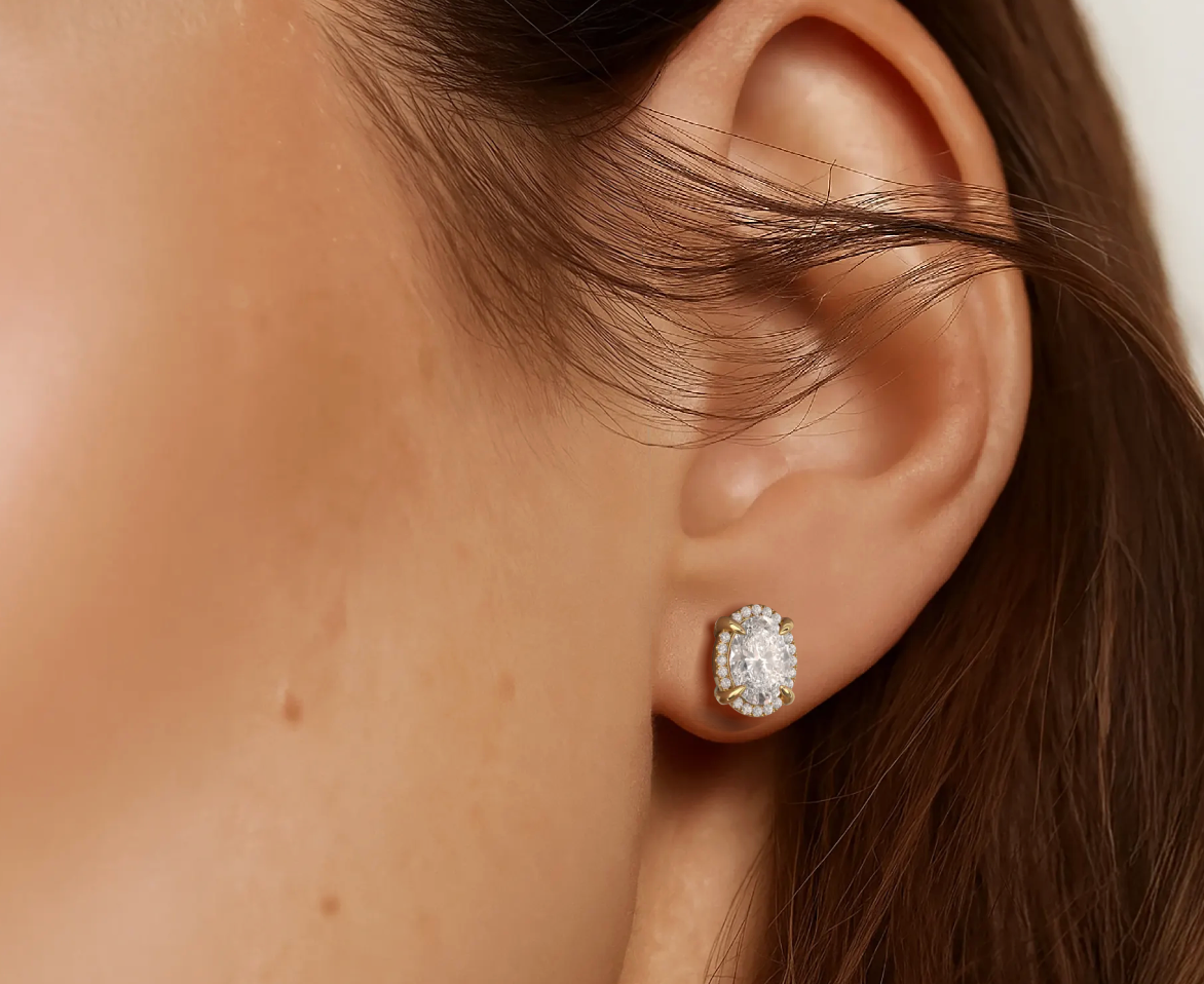 Yellow:: oval halo lab grown diamond stud earrings premium halo setting elegant design modern luxury studs for daily elegance