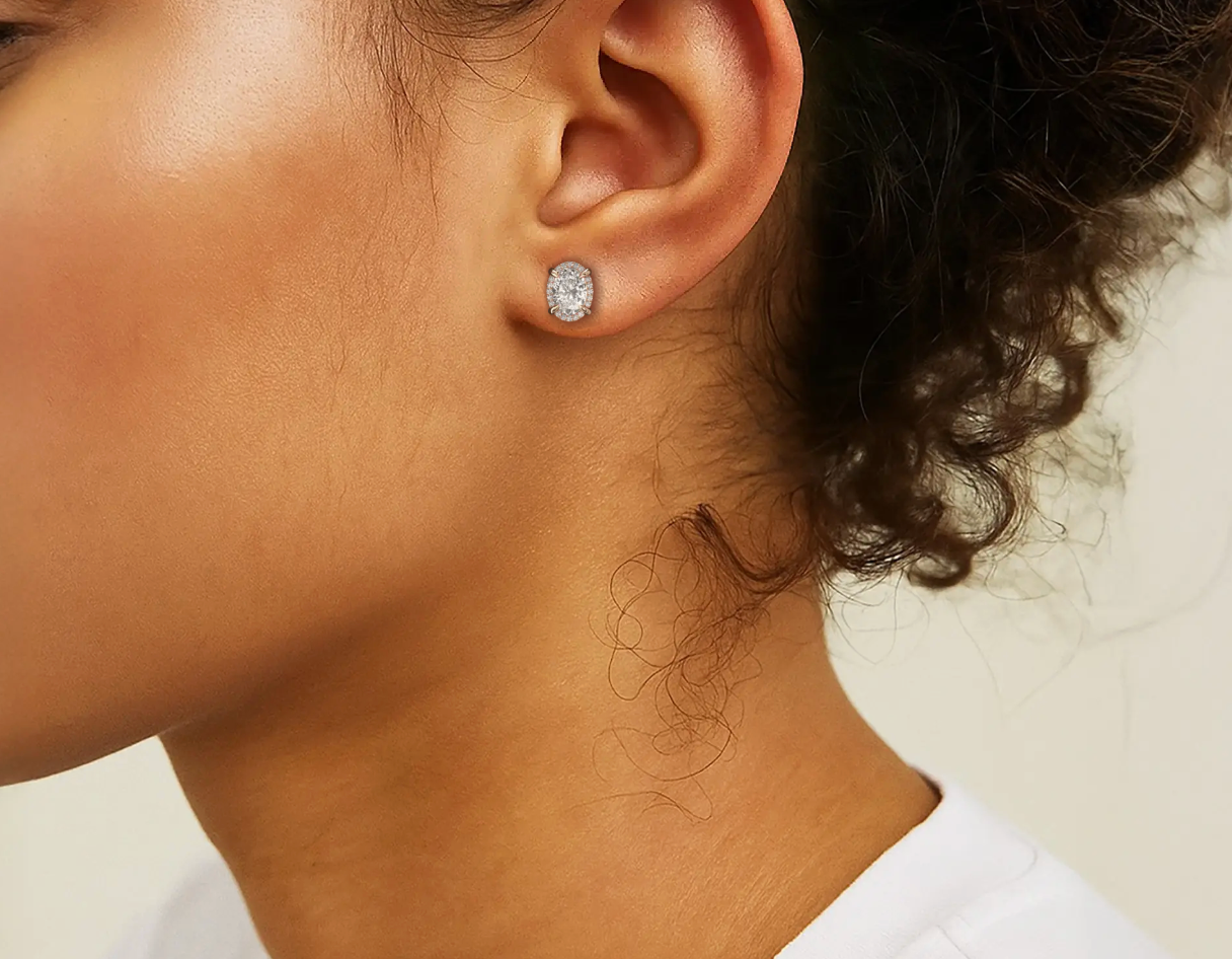 Rose:: oval halo lab grown diamond stud earrings brilliant sparkle premium craftsmanship perfect wedding and engagement jewelry