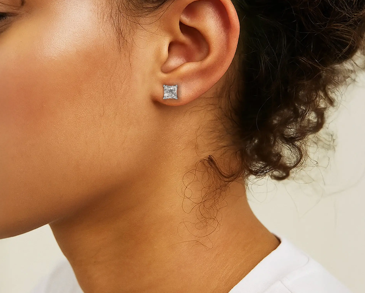 White :: round lab diamond earrings detailed sparkle close up view