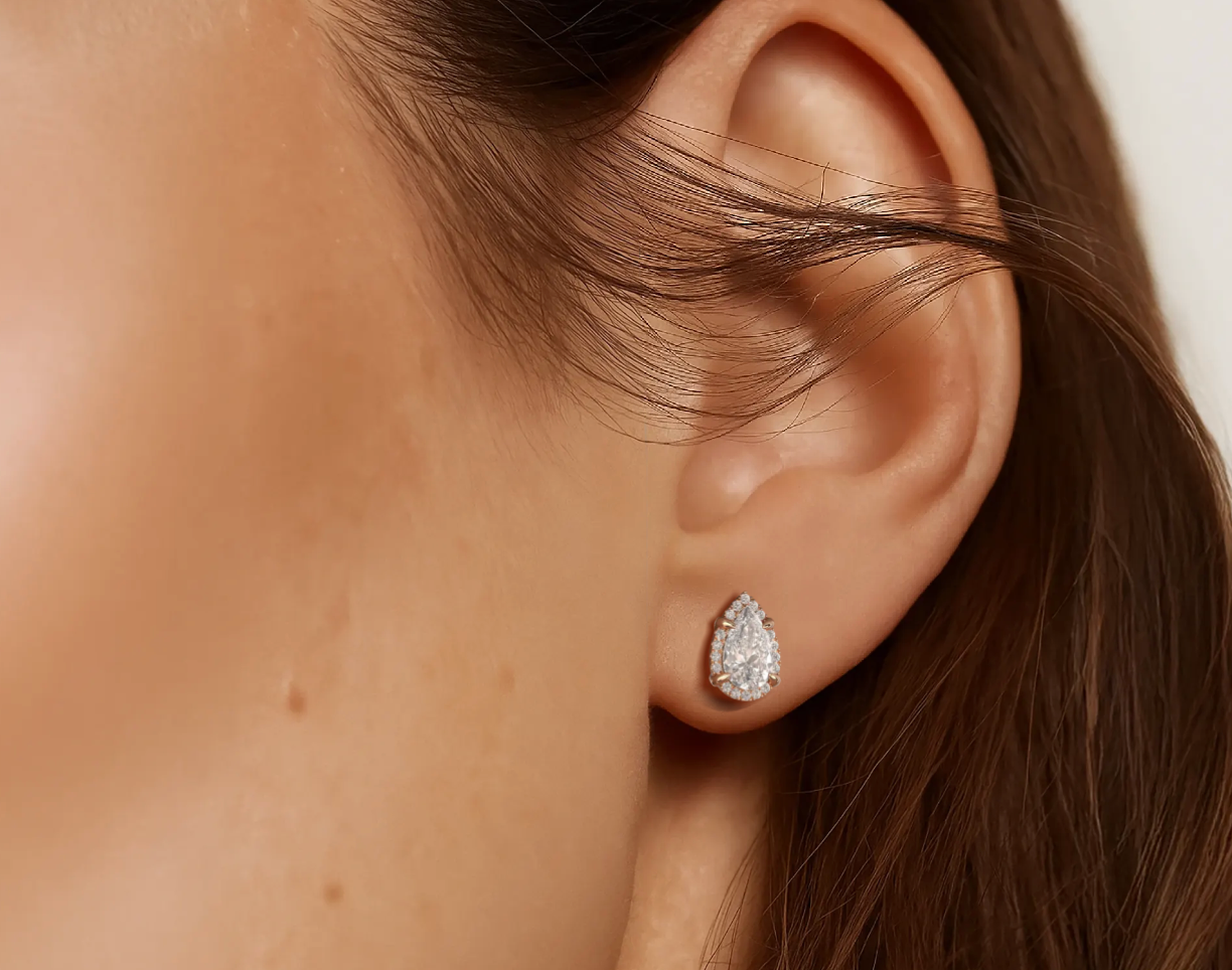 Rose:: pear shape halo lab grown diamond stud earrings luxury bridal earrings with high brilliance high quality lab grown diamond jewelry