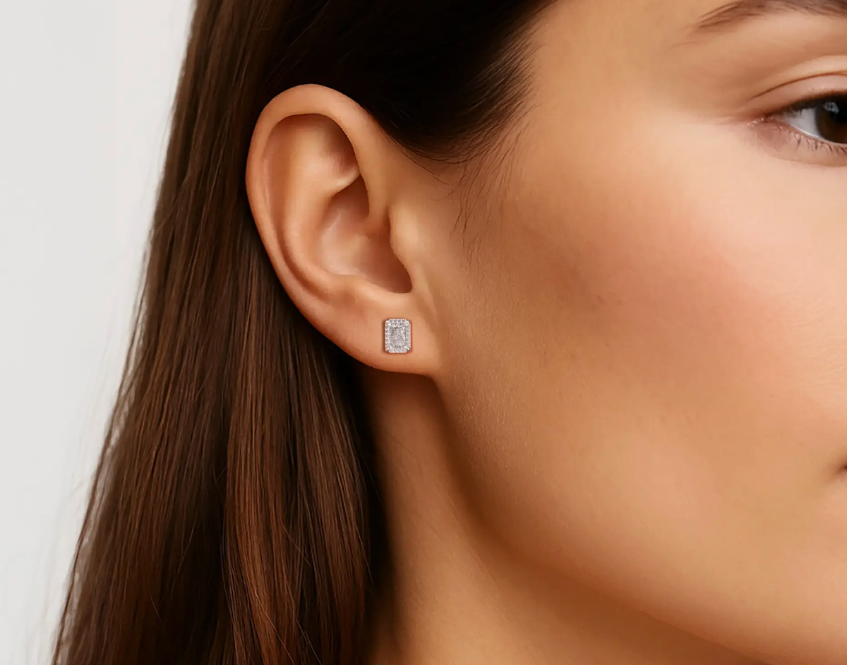 White:: radiant cut halo lab grown diamond stud earrings crafted for maximum brilliance and shine minimal yet luxurious diamond earrings