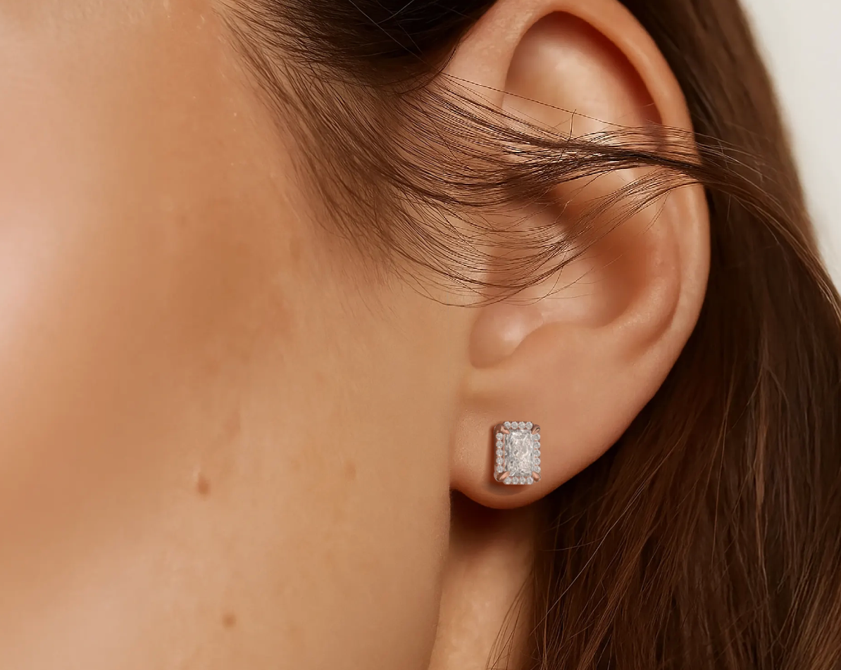 Rose:: radiant cut halo lab grown diamond stud earrings designer diamond earrings for women high quality lab grown diamond jewelry