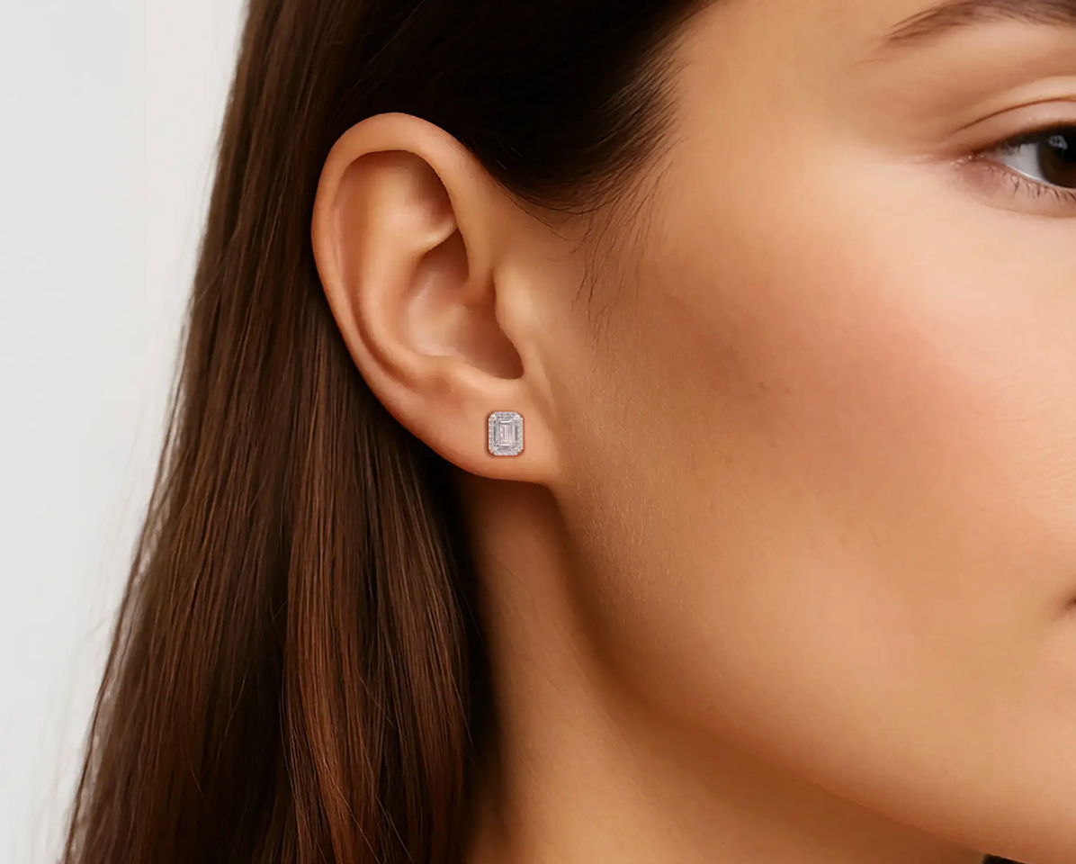 White:: emerald cut halo lab grown diamond stud earrings brilliant sparkle premium craftsmanship high quality lab grown diamond jewelry