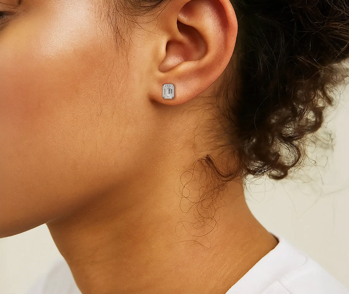 White:: emerald cut halo lab grown diamond stud earrings sustainable diamond jewelry gift for her timeless fine jewelry statement earrings