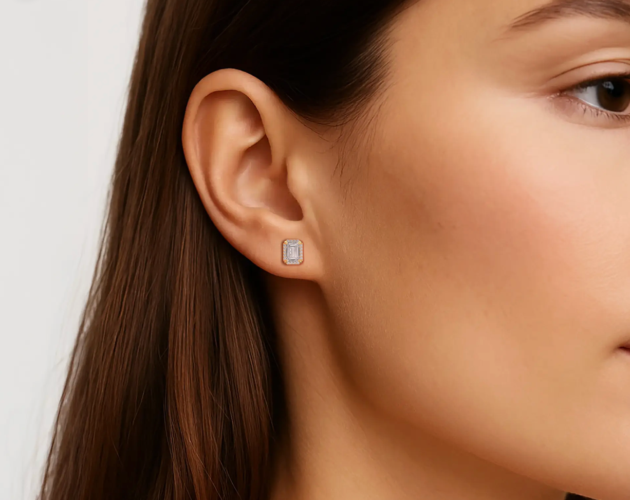 Yellow:: emerald cut halo lab grown diamond stud earrings sustainable diamond jewelry gift for her modern luxury studs for daily elegance