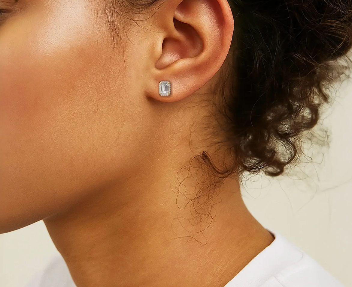 Yellow:: emerald cut halo lab grown diamond stud earrings high quality lab grown diamond jewelry sustainable diamond jewelry gift for her