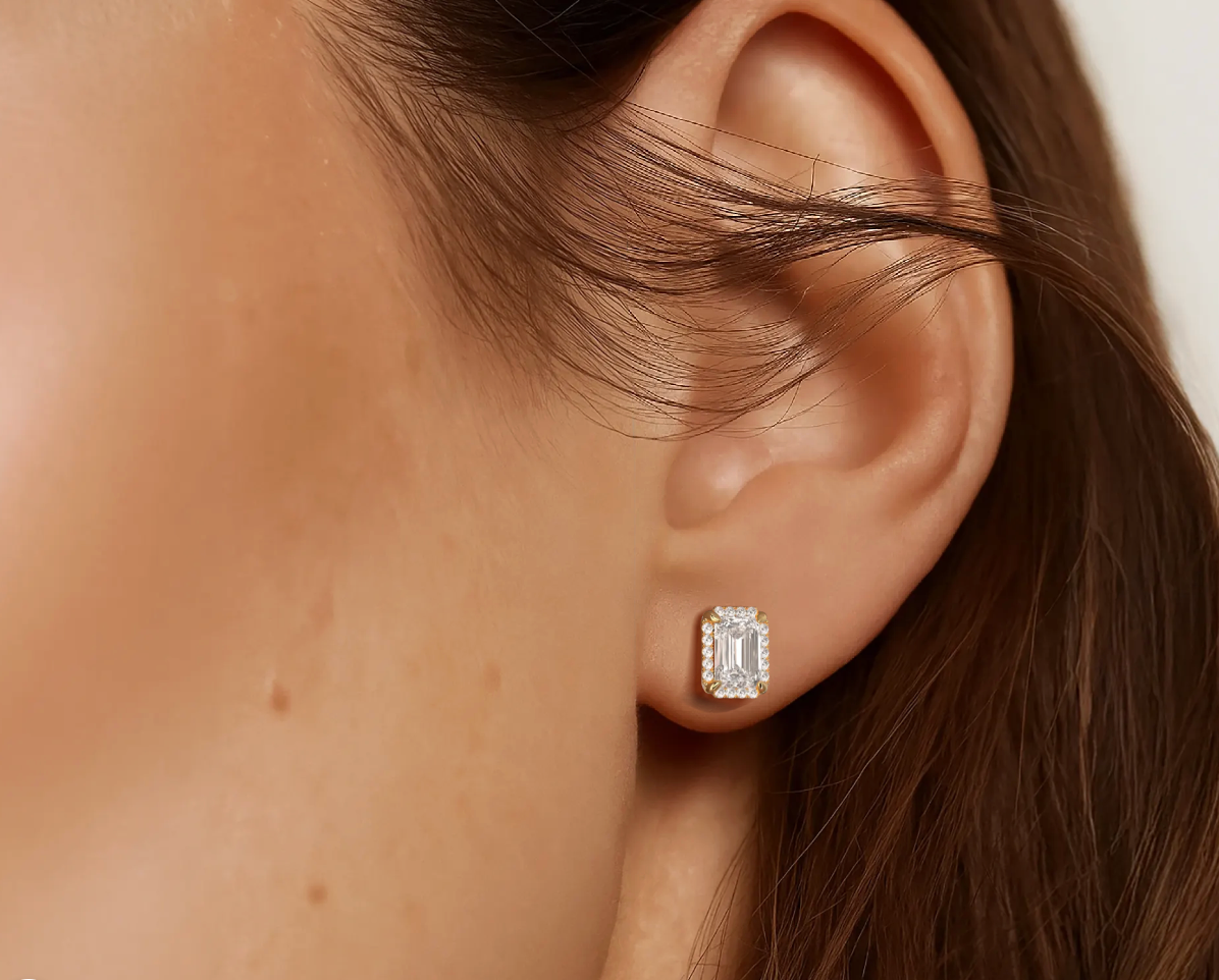 Yellow:: emerald cut halo lab grown diamond stud earrings luxury bridal earrings with high brilliance brilliant sparkle premium craftsmanship