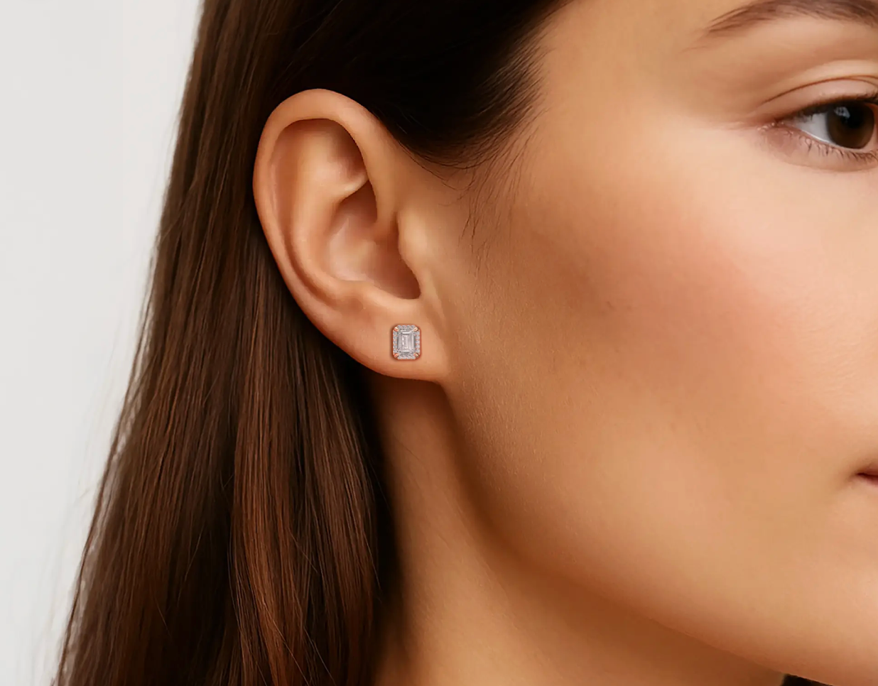 Rose:: emerald cut halo lab grown diamond stud earrings brilliant sparkle premium craftsmanship minimal yet luxurious diamond earrings