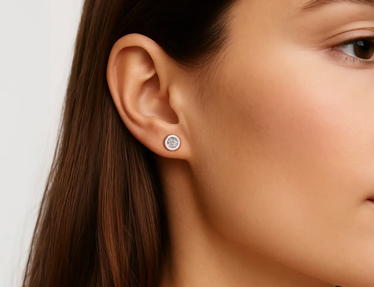 White :: bezel set round lab grown diamond earrings 3ct total weight white gold IGI certified modern luxury studs
