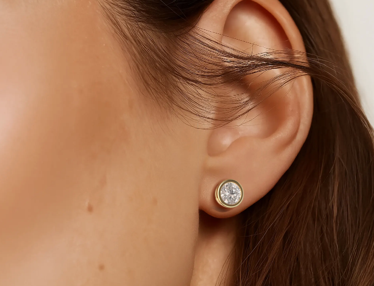 Yellow :: fine jewelry lab grown diamond stud earrings 3 carat round bezel white gold IGI certified luxury design
