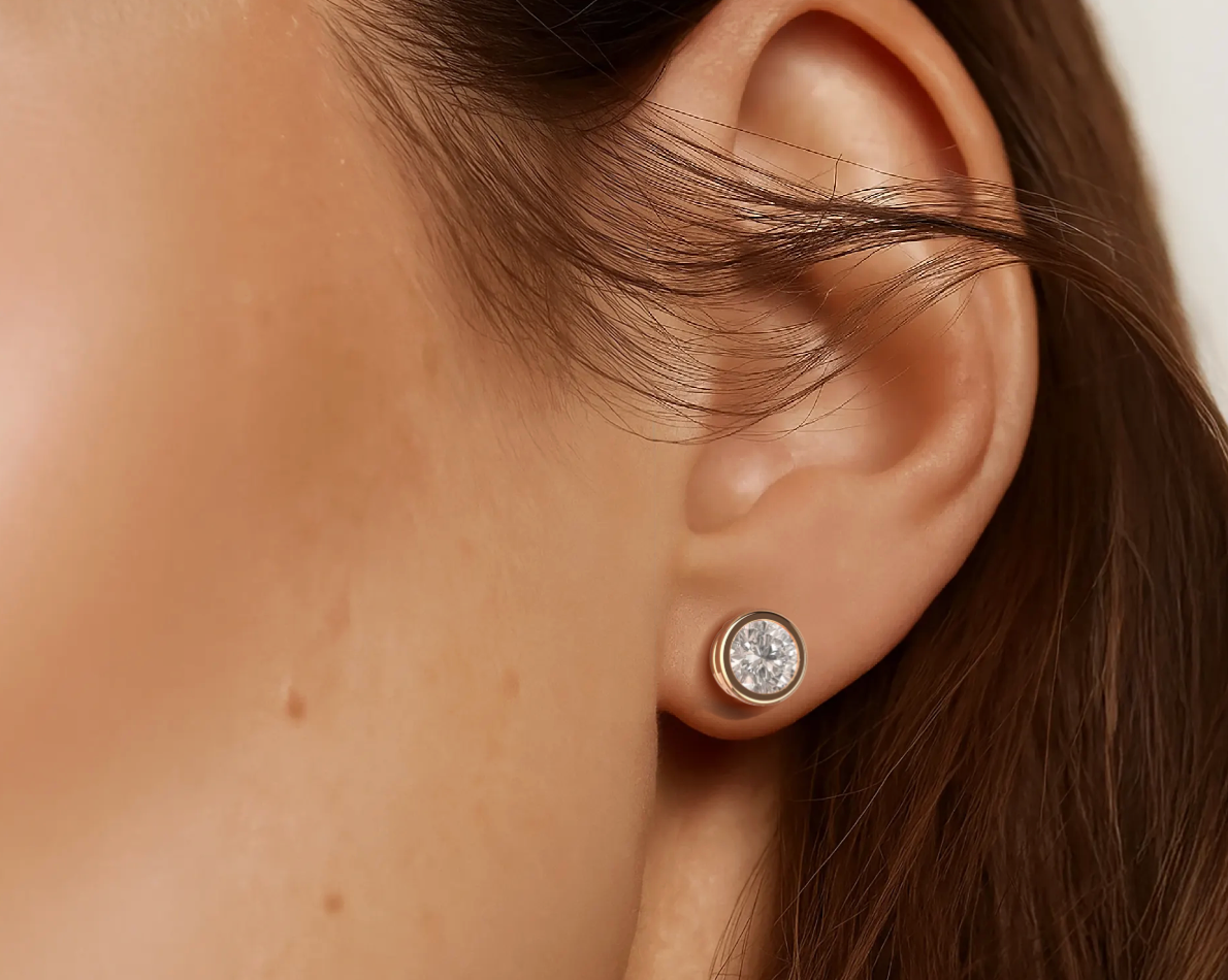 Rose :: elegant white gold diamond studs lab grown round bezel 3 carat sustainable fine jewelry