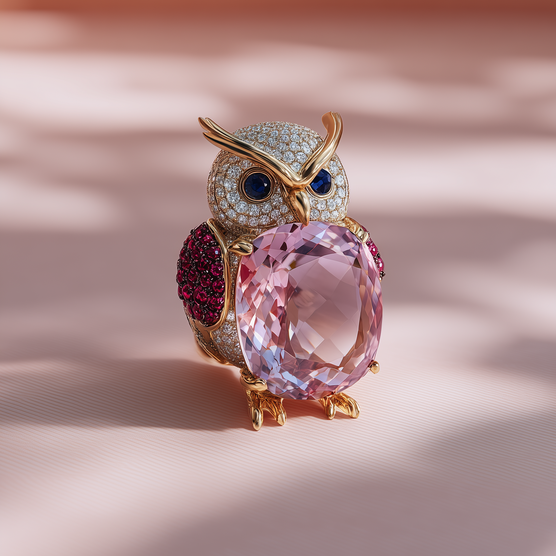 Sovereign Owl Lab Grown Diamond Brooch | IGI Certified | EF VS & Vivid Pink VS1 | 14KT Yellow Gold Luxury Statement Pin