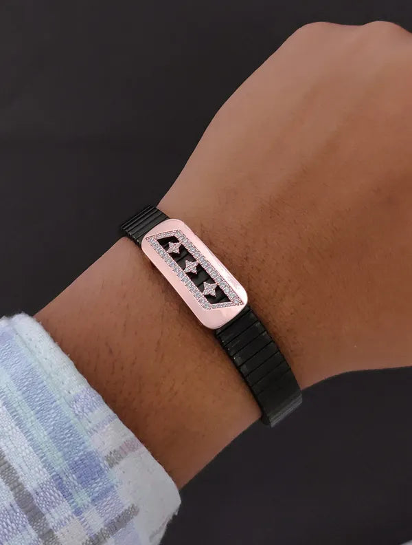 Mens Rose Gold Star Cutout Bracelet Black Stretch Band with Diamond Accent