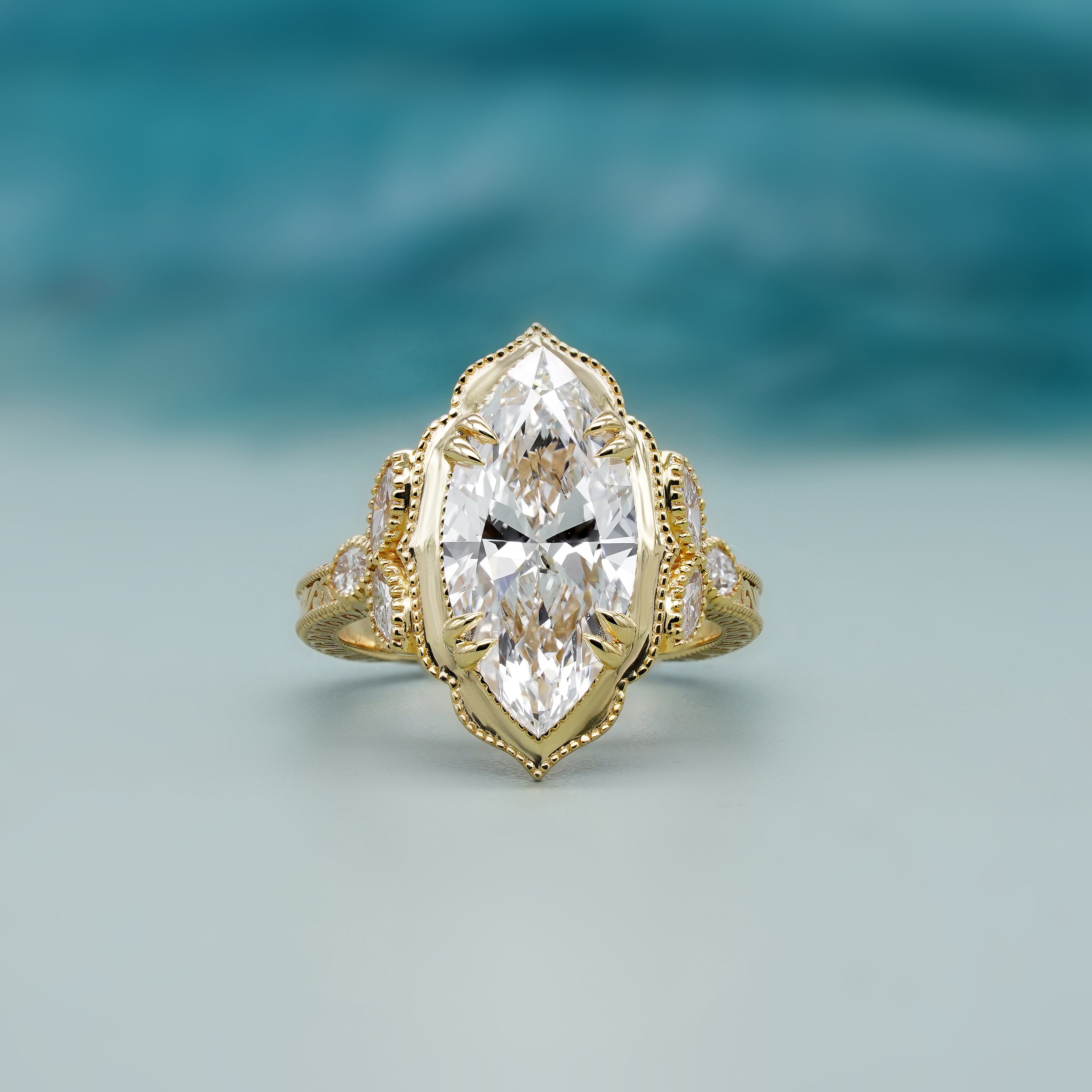 Marquise 2.40tcw Lab Grown Diamond Vintage Engagement Ring | Side Stone Cathedral Setting | D-E-F Color | VVS–VS Clarity | IGI Certified