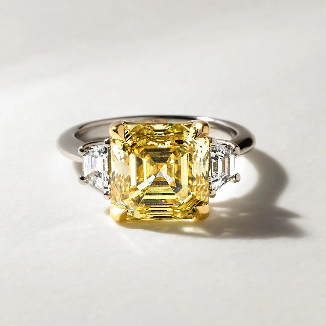 Common :: Velvique 5.07ct yellow square emerald three stone lab grown diamond engagement ring IGI certified