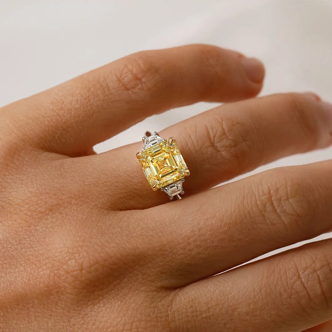 Common :: yellow square emerald lab grown diamond three stone engagement ring luxury statement ring
