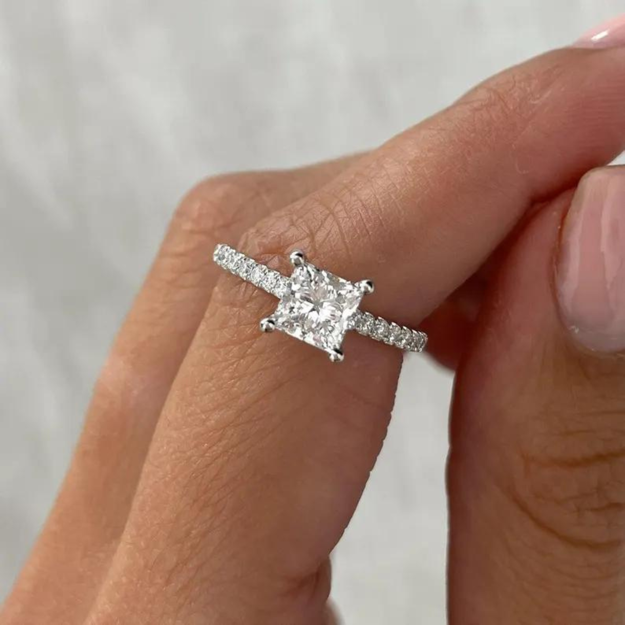 1.40ct Princess Lab Diamond Ring | Hidden Halo & Pave Band | IGI Certified | White Gold