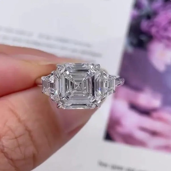 Asscher 5.40tcw Lab Diamond Ring | Trapezoid Side Stones | Three Stone | IGI Certified