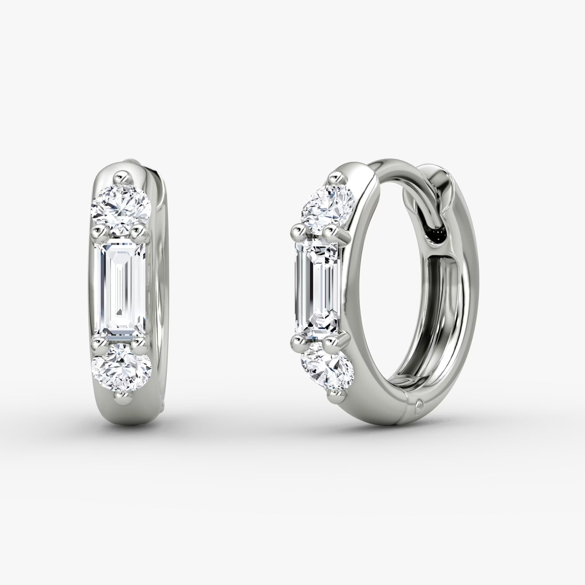White :: three stone lab grown diamond huggie hoop earrings elegant triple diamond design white gold fine jewelry