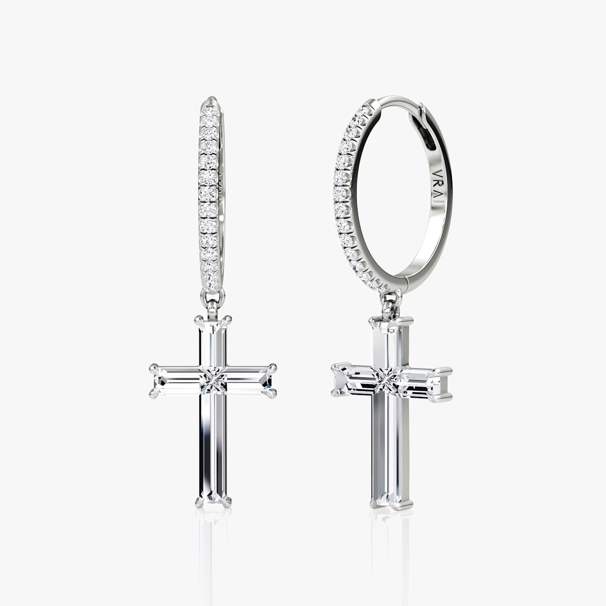 White :: cross pave lab grown diamond huggie hoop earrings small close fit white gold symbolic elegant fine jewelry