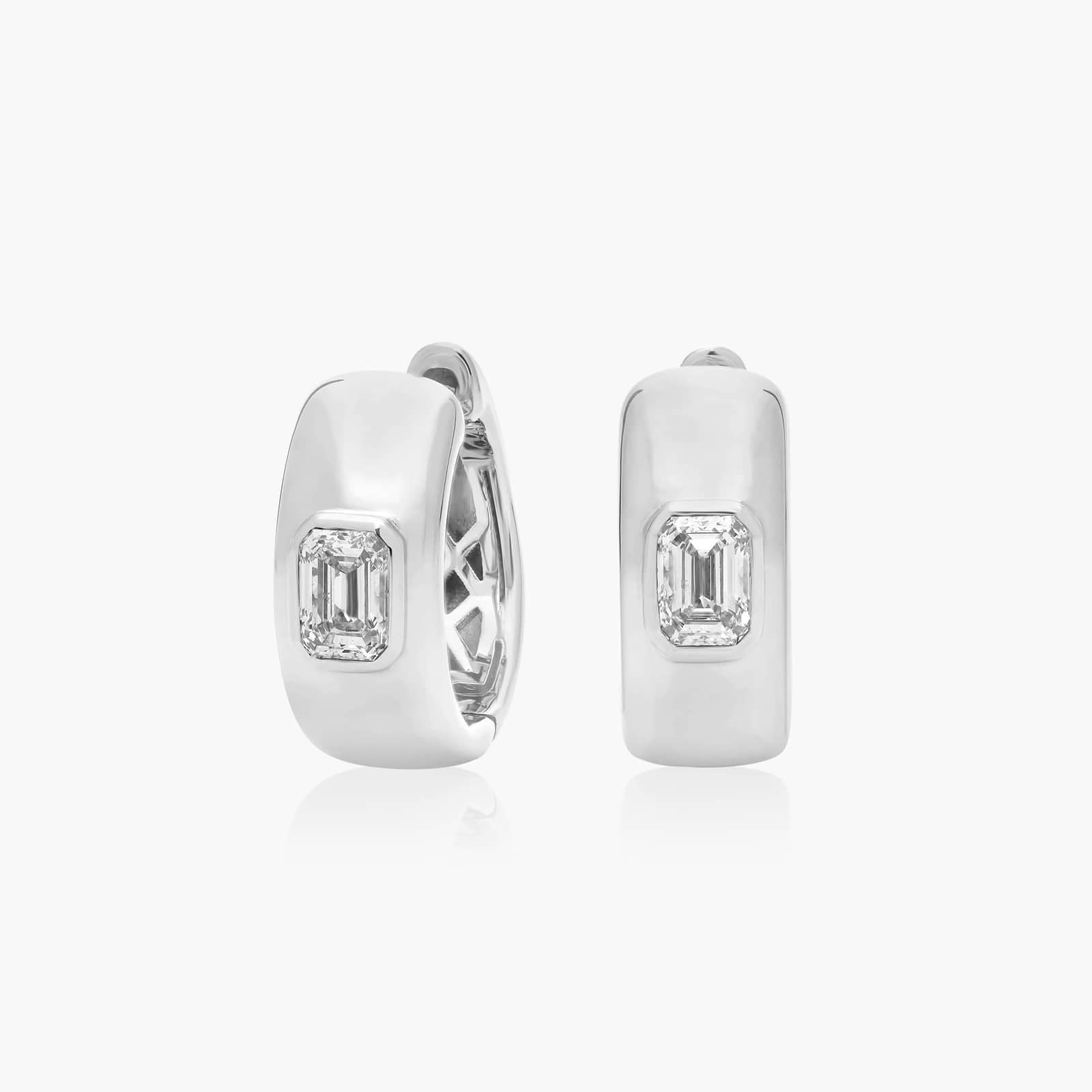 White :: emerald cut bezel lab grown diamond huggie hoop earrings rectangular design white gold modern fine jewelry
