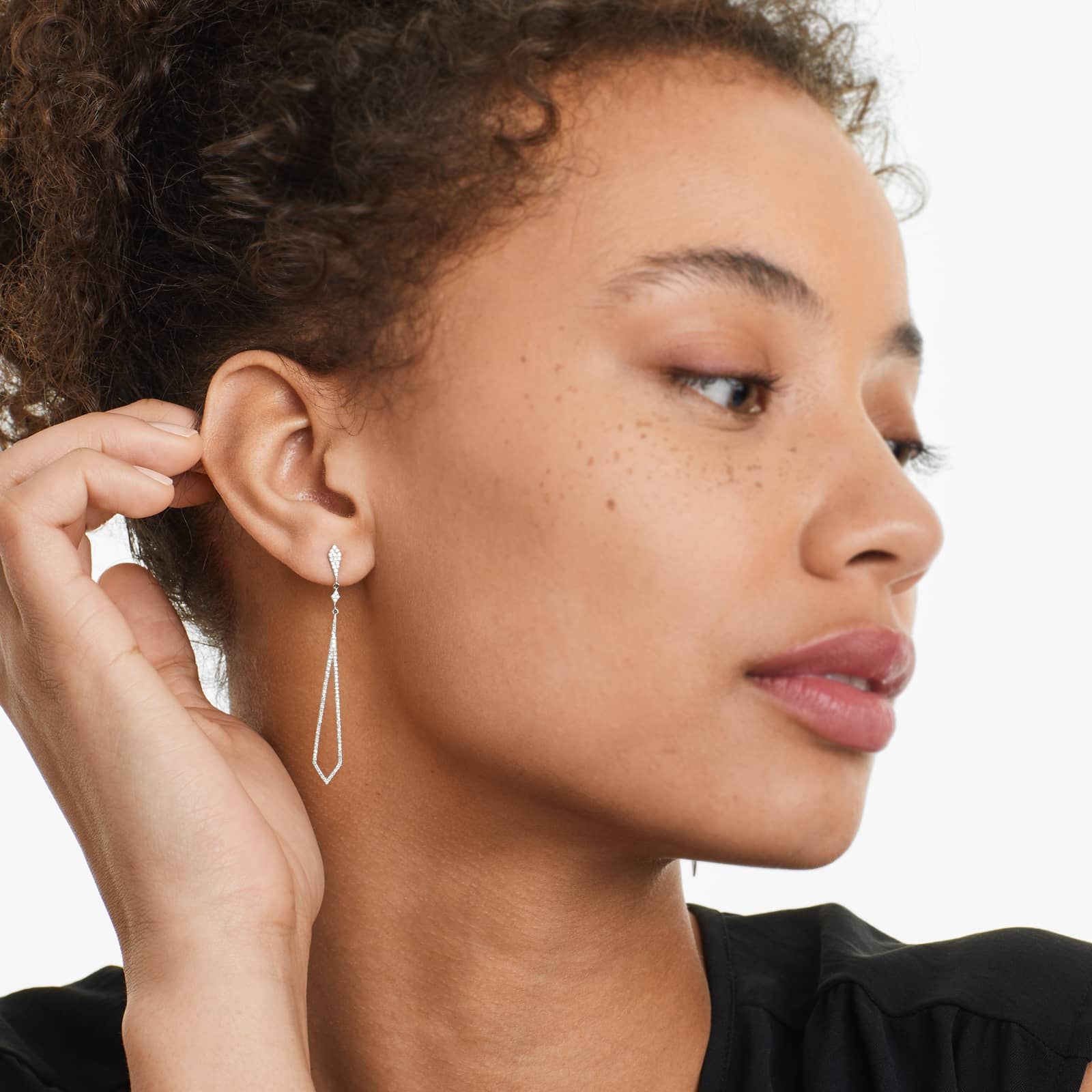 White :: delicate lab grown diamond drop earrings petite style white gold lightweight everyday luxury jewelry