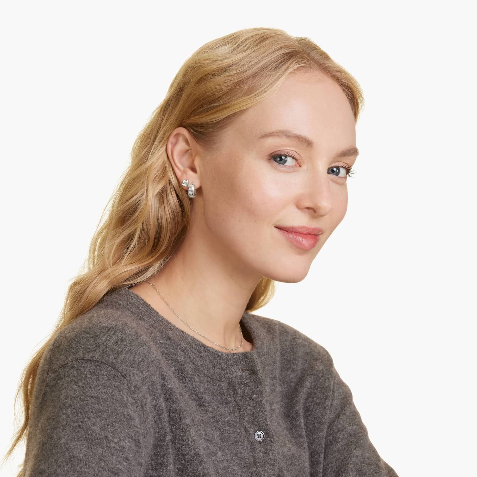 White :: bezel set emerald lab grown diamond huggie earrings small hoop style white gold sleek minimal jewelry