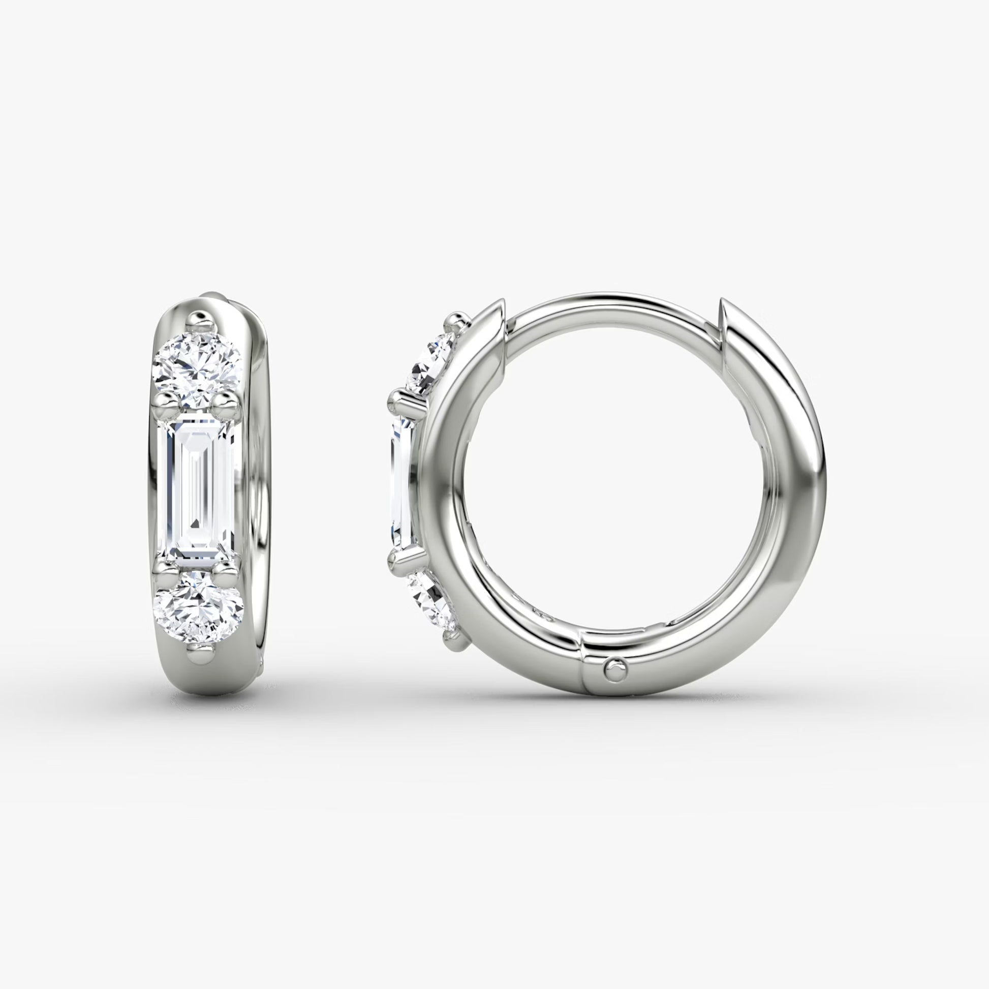 White :: three diamond lab grown huggie hoop earrings white gold minimal structured sparkle fine jewelry