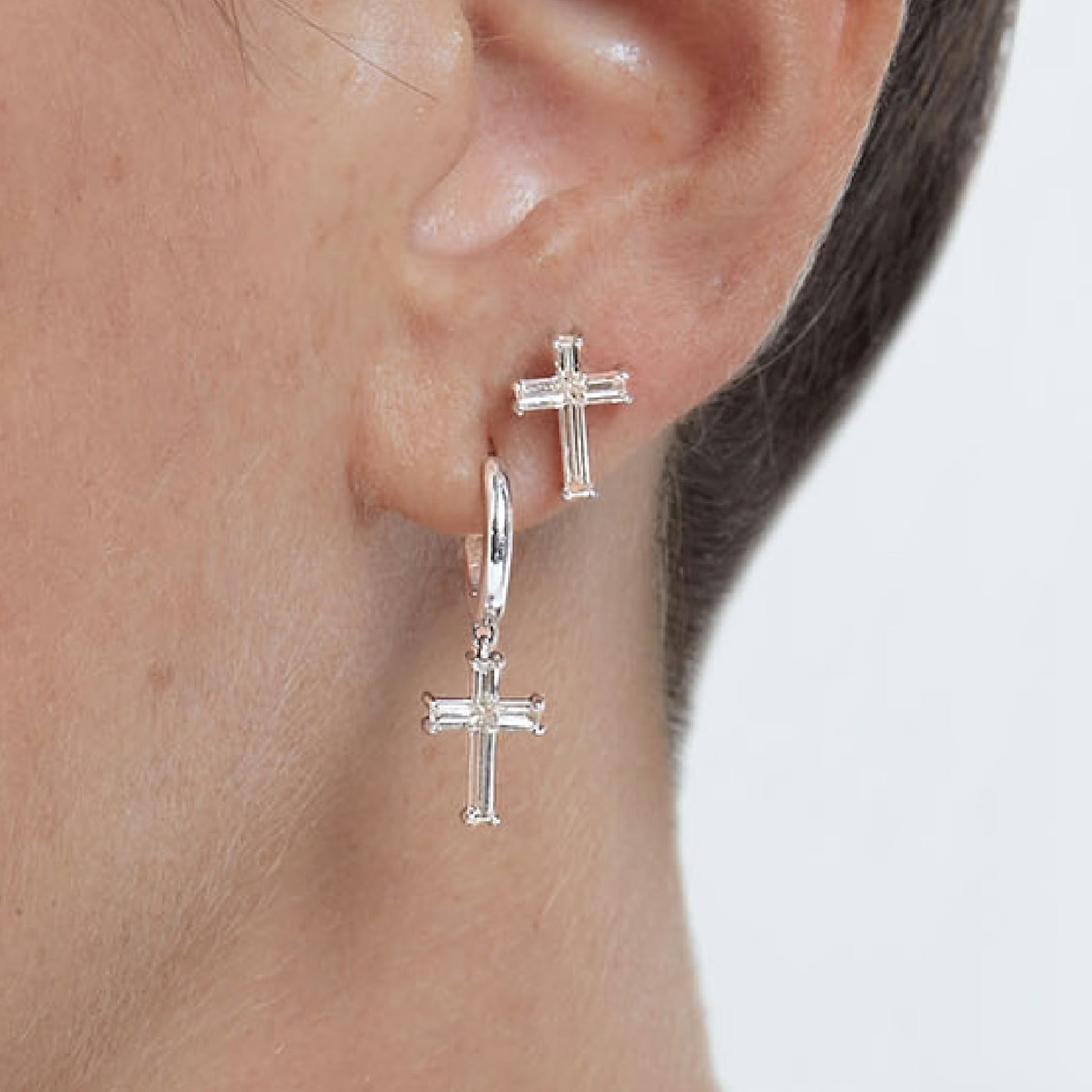 White :: lab grown diamond cross huggie hoop earrings pave setting white gold modern symbolic jewelry