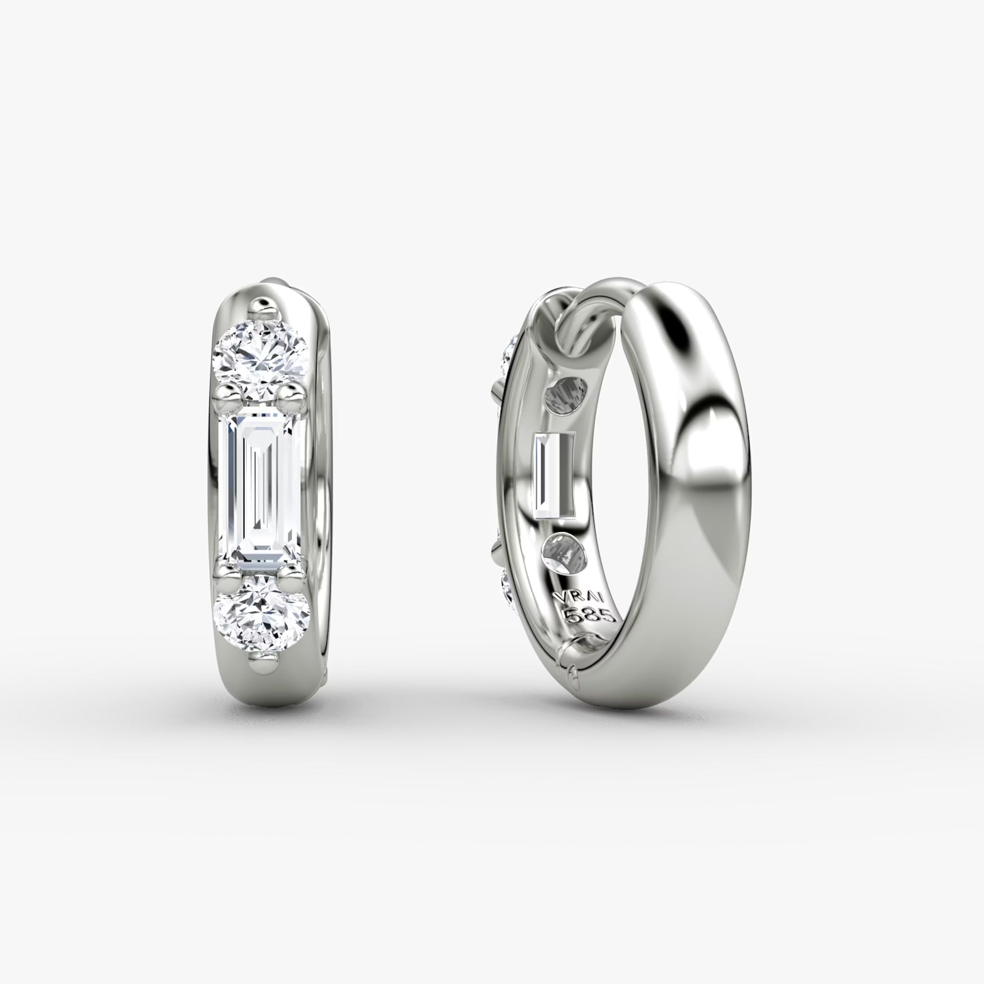 White :: three diamond lab grown huggie hoop earrings white gold minimal structured sparkle fine jewelry