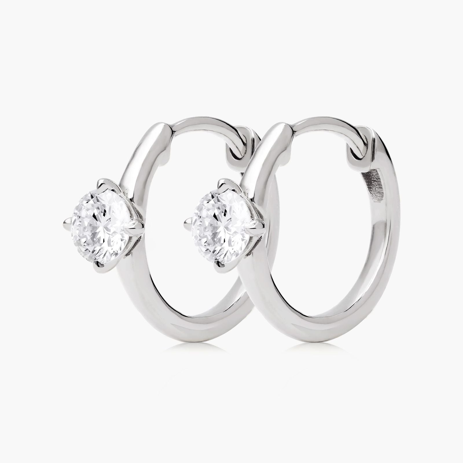White :: elegant lab grown diamond hoop earrings solitaire setting white gold clean minimal design