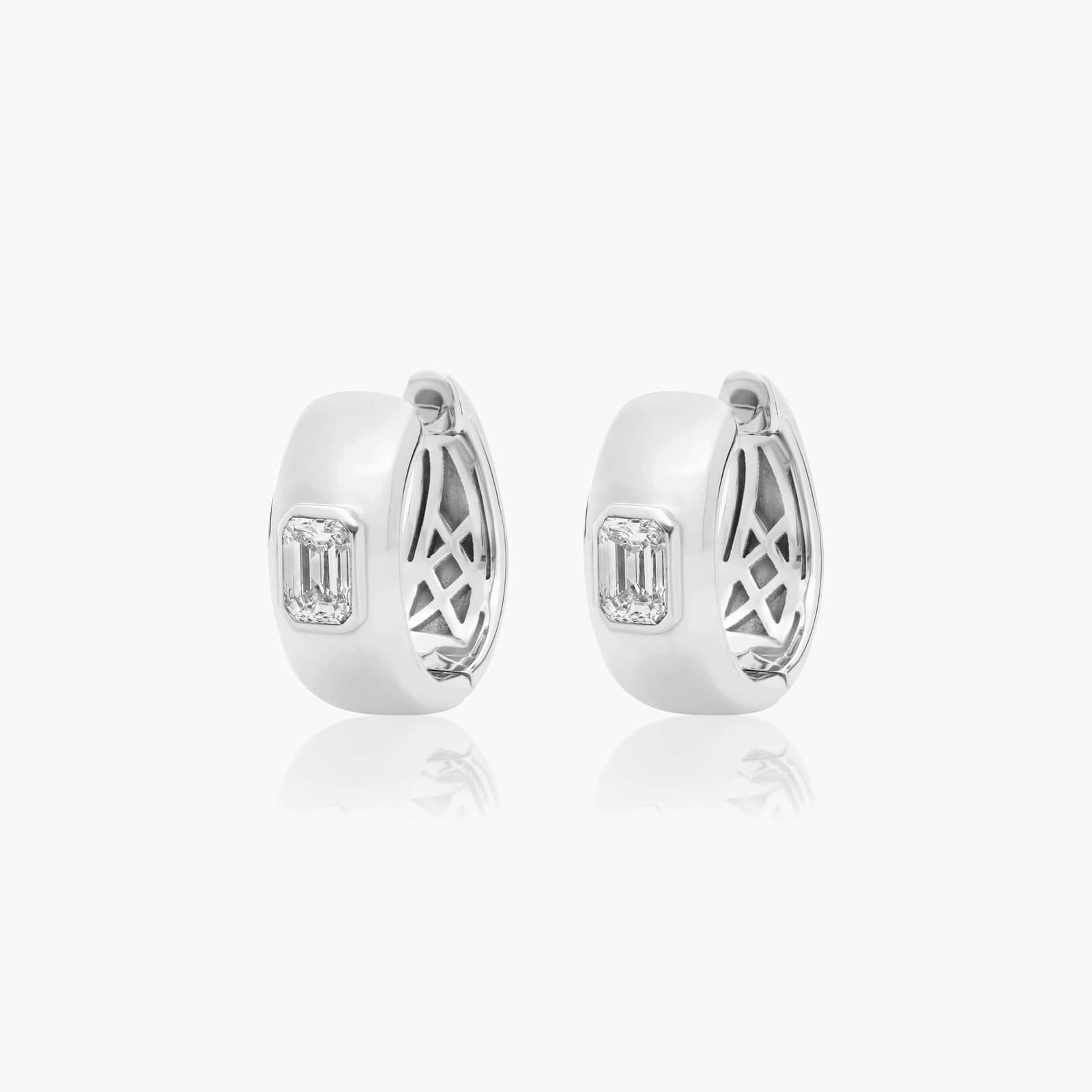White :: modern emerald bezel lab grown diamond hoop earrings huggie style white gold clean minimal design