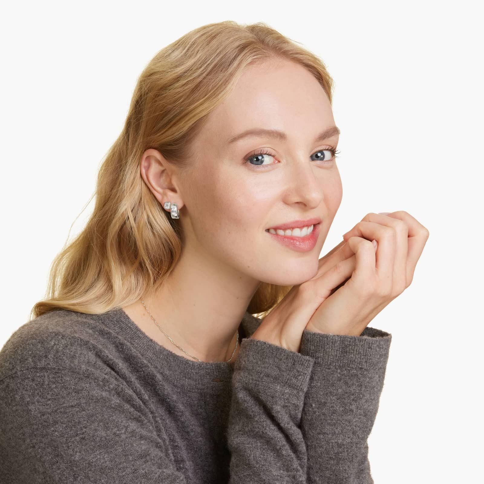 White :: elegant emerald cut bezel lab grown diamond hoop earrings white gold close fit refined jewelry