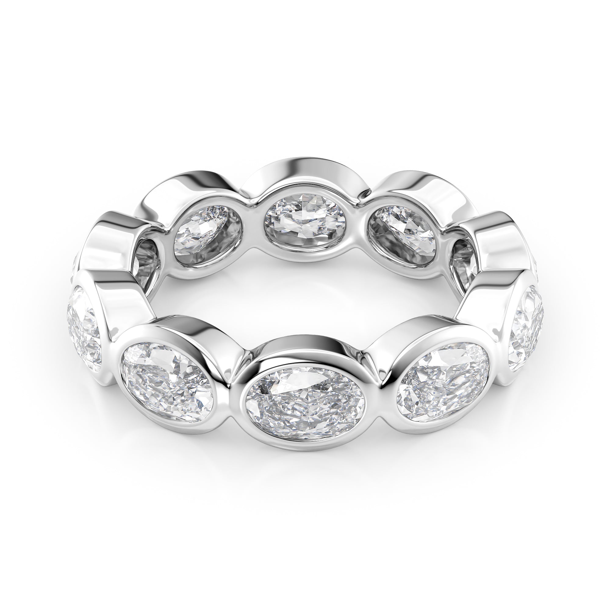 White :: Velmiquea 4ct oval east west bezel lab grown diamond eternity ring IGI certified white gold ultra luxury band