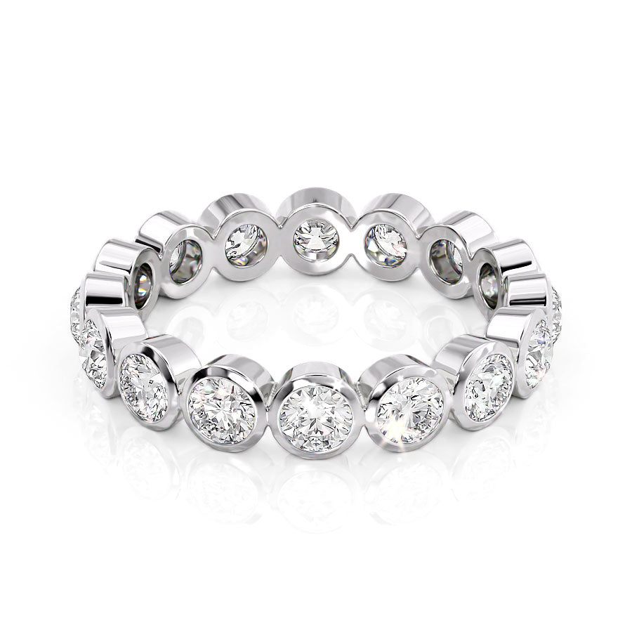 White :: Seriquea 1.5ct round bezel lab grown diamond eternity ring IGI certified white gold wedding band