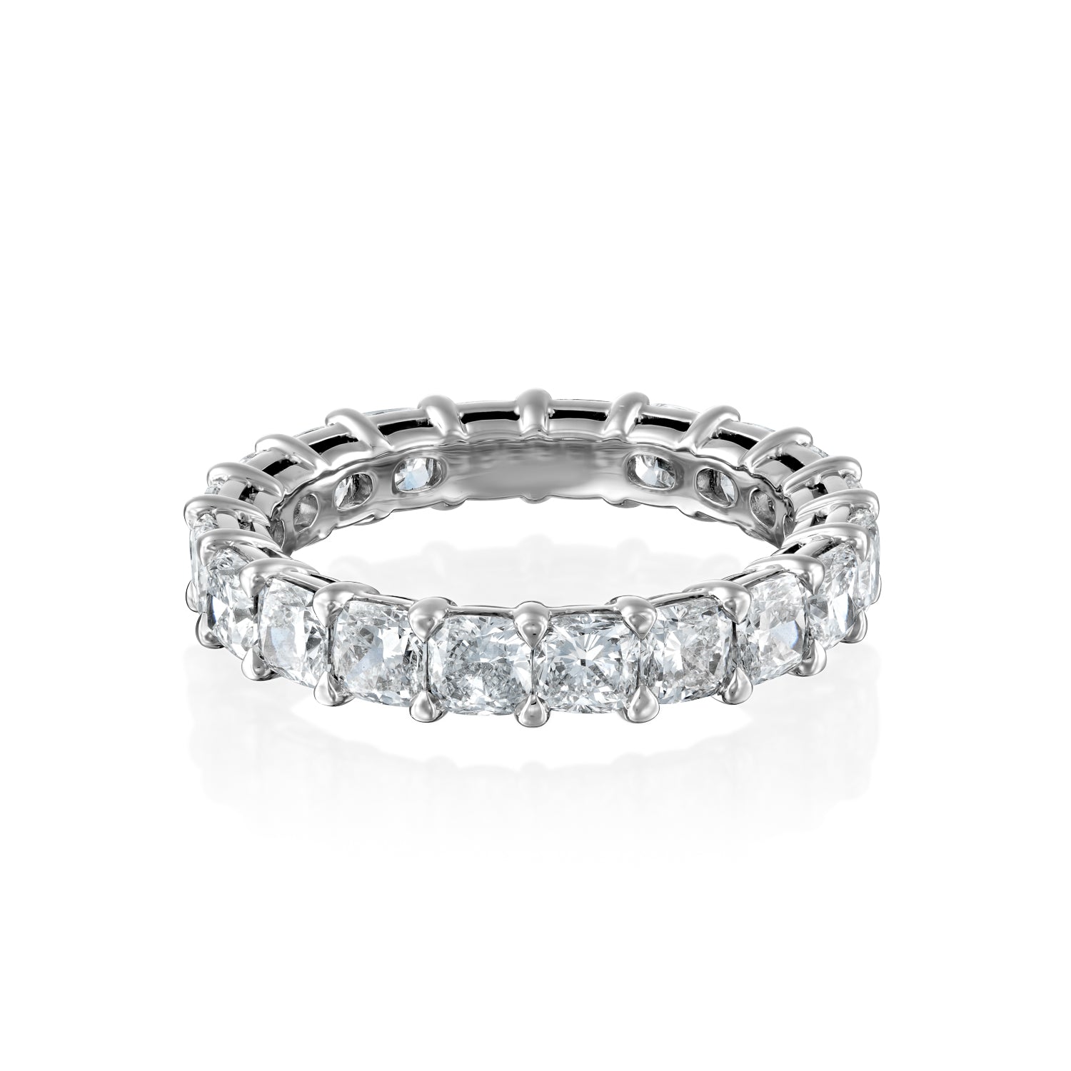 White :: Zenvellae 3ct cushion lab grown diamond eternity ring IGI certified white gold wedding band