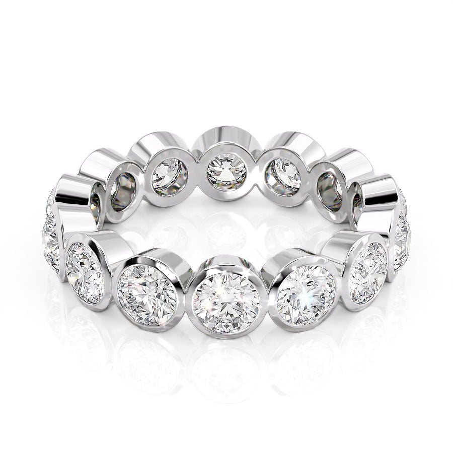 White :: Seriquea 3ct round bezel lab grown diamond eternity ring IGI certified white gold luxury wedding band