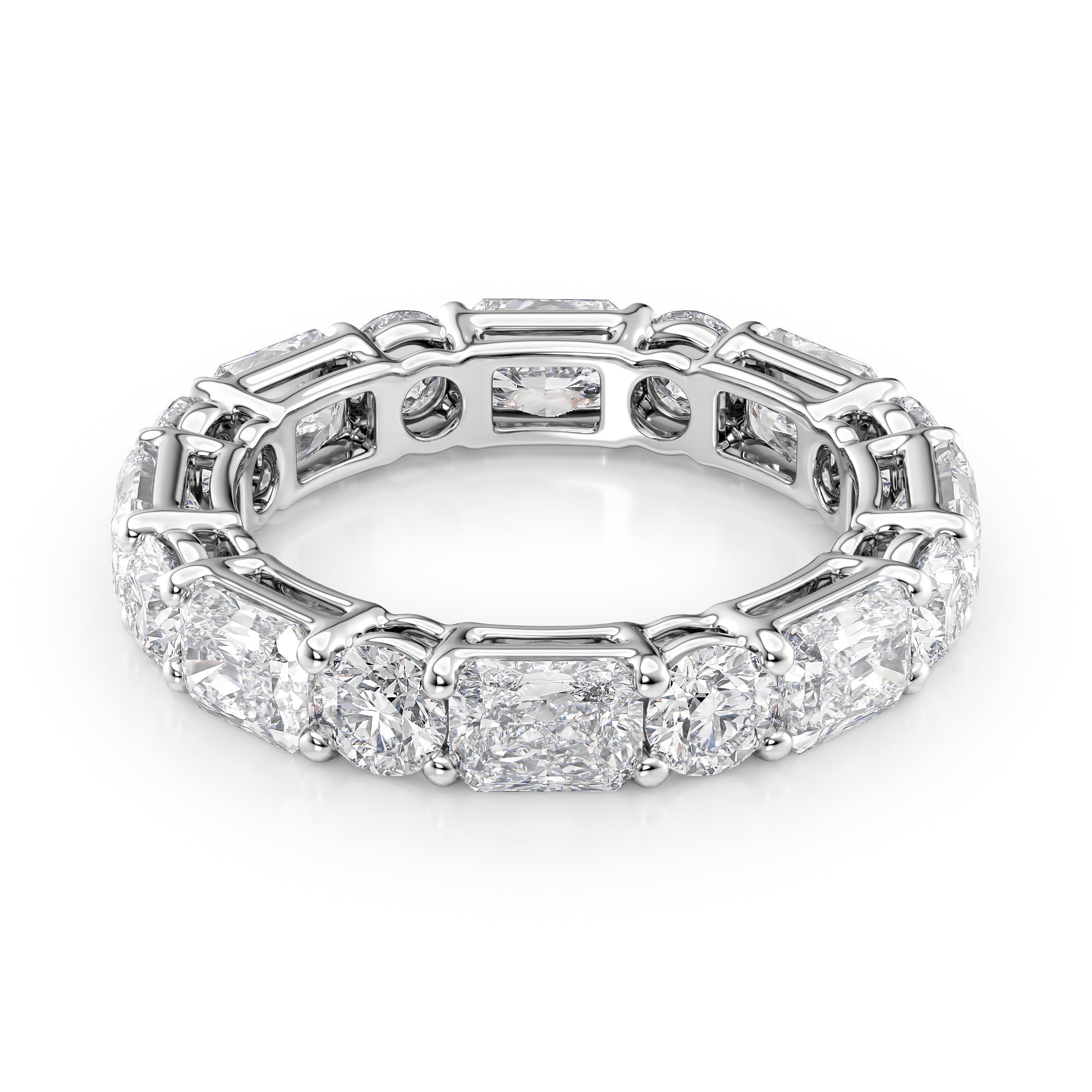 White :: Elvique 4.6ct alternating radiant and round lab grown diamond eternity ring IGI certified white gold ultra luxury band