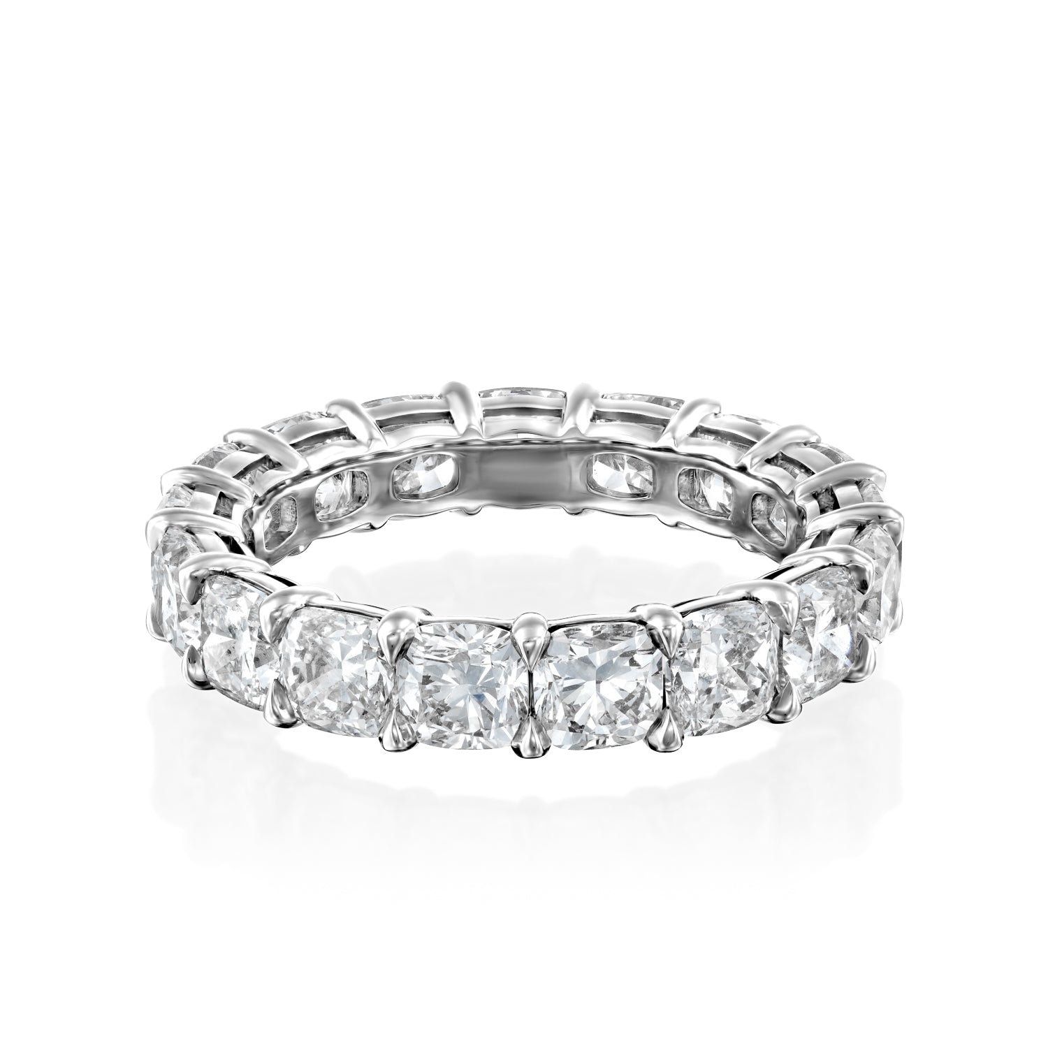 White :: Zenvellae 5ct cushion lab grown diamond eternity ring IGI certified white gold ultra luxury wedding band