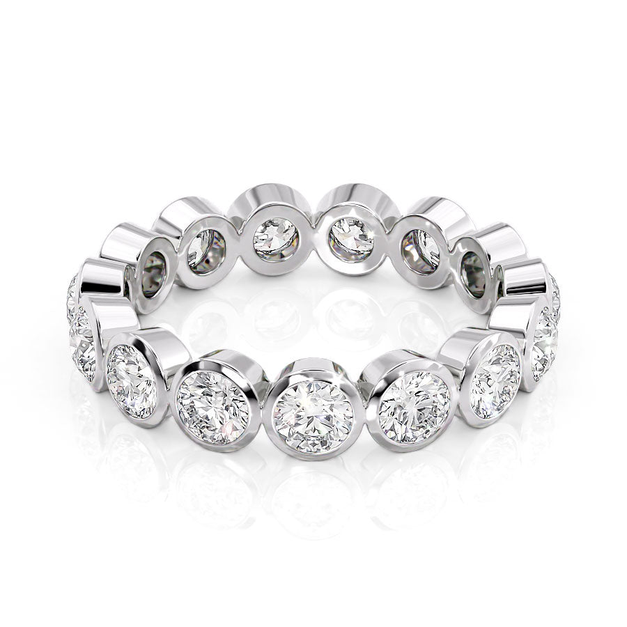 White :: Seriquea 2ct round bezel lab grown diamond eternity ring IGI certified white gold wedding band
