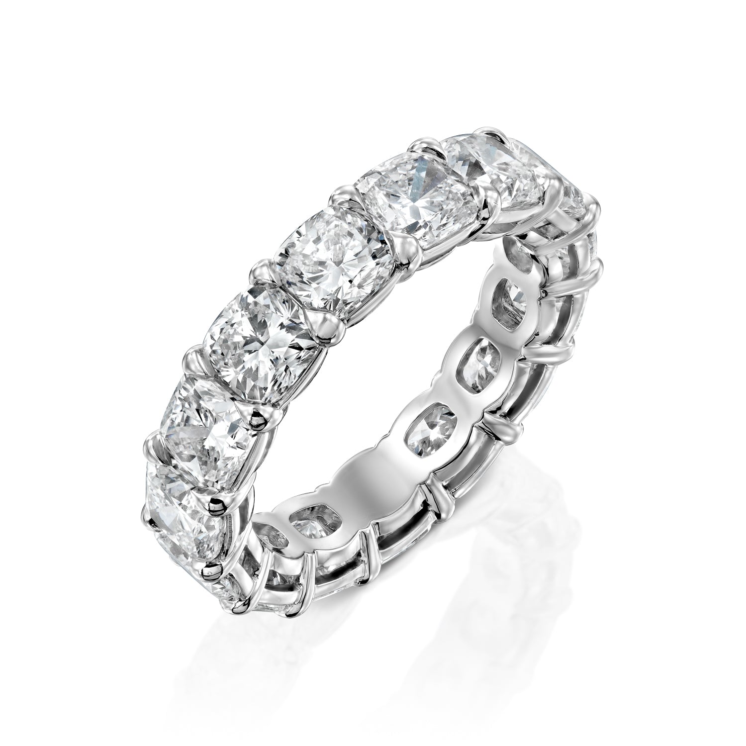 White :: 8 carat cushion cut lab grown diamond eternity ring white gold full diamond band