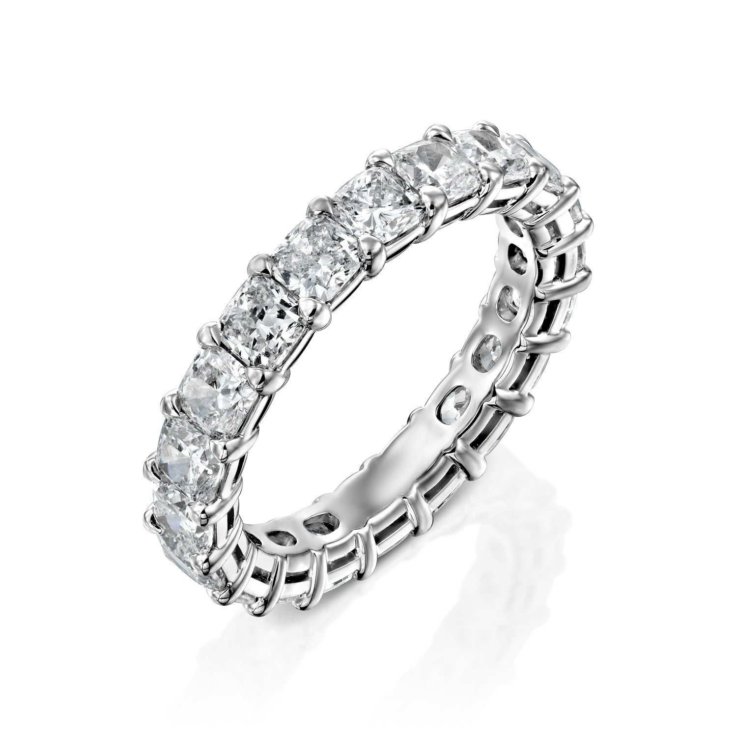 White :: 3 carat cushion cut lab grown diamond eternity ring white gold full diamond band