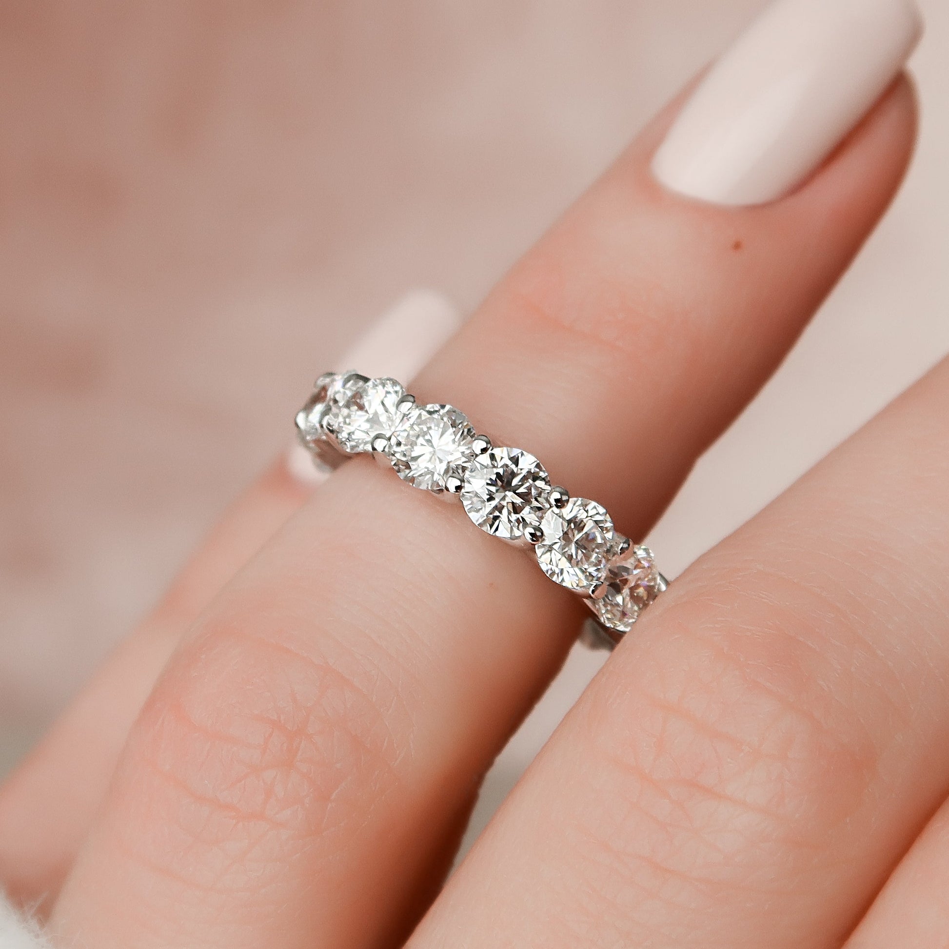 White :: 4.5 carat round lab grown diamond trellis eternity ring white gold full diamond band
