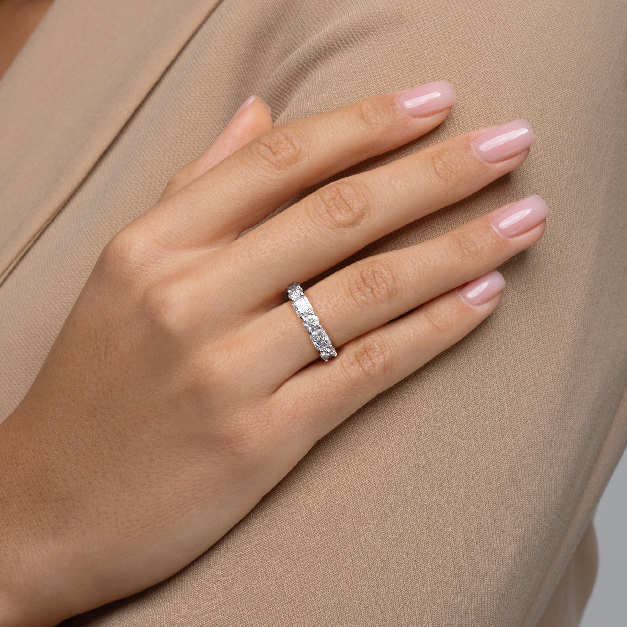 White :: 5.7 carat radiant and round lab grown diamond u prong eternity ring white gold full diamond band