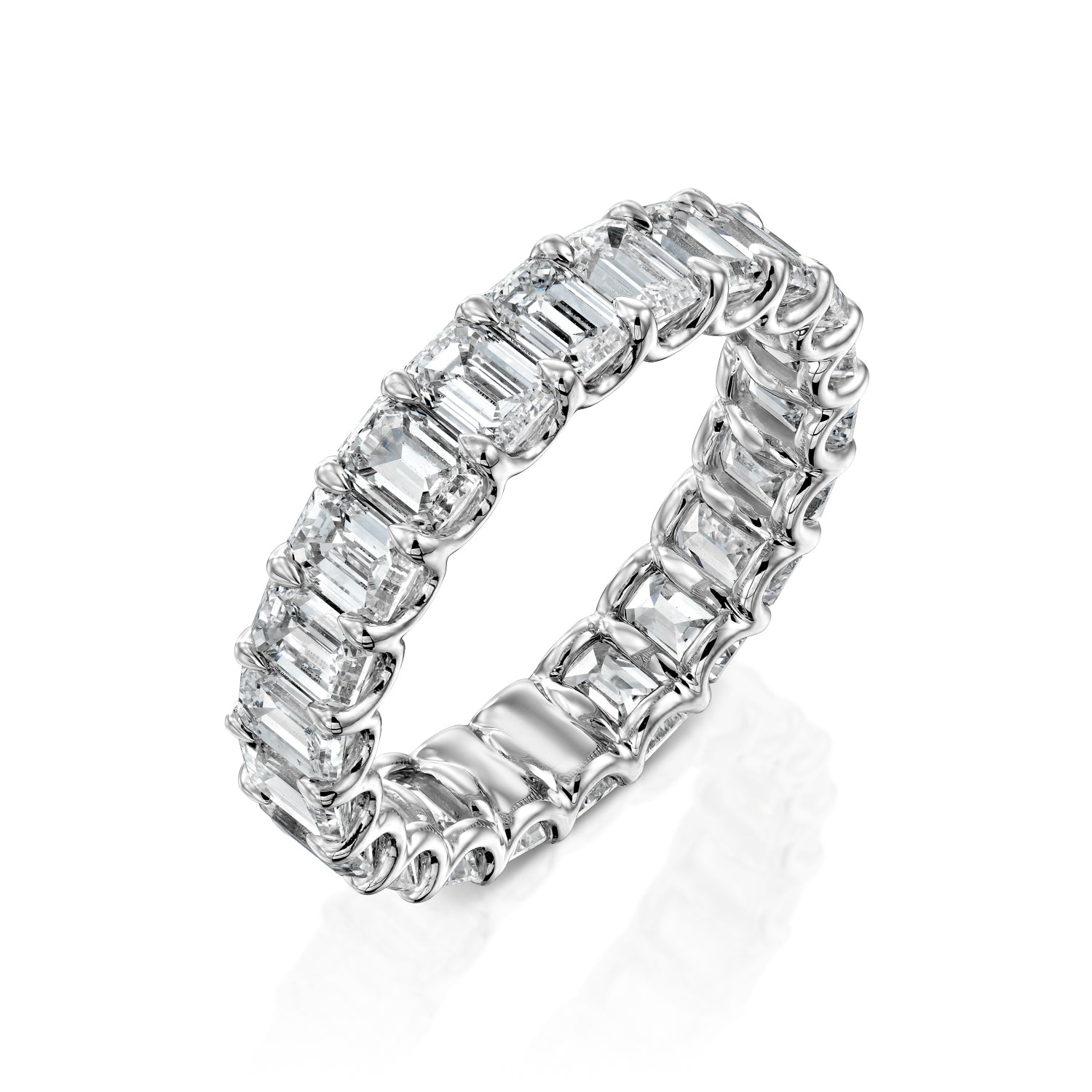 White :: 5 carat emerald cut lab grown diamond u prong eternity ring white gold full diamond band
