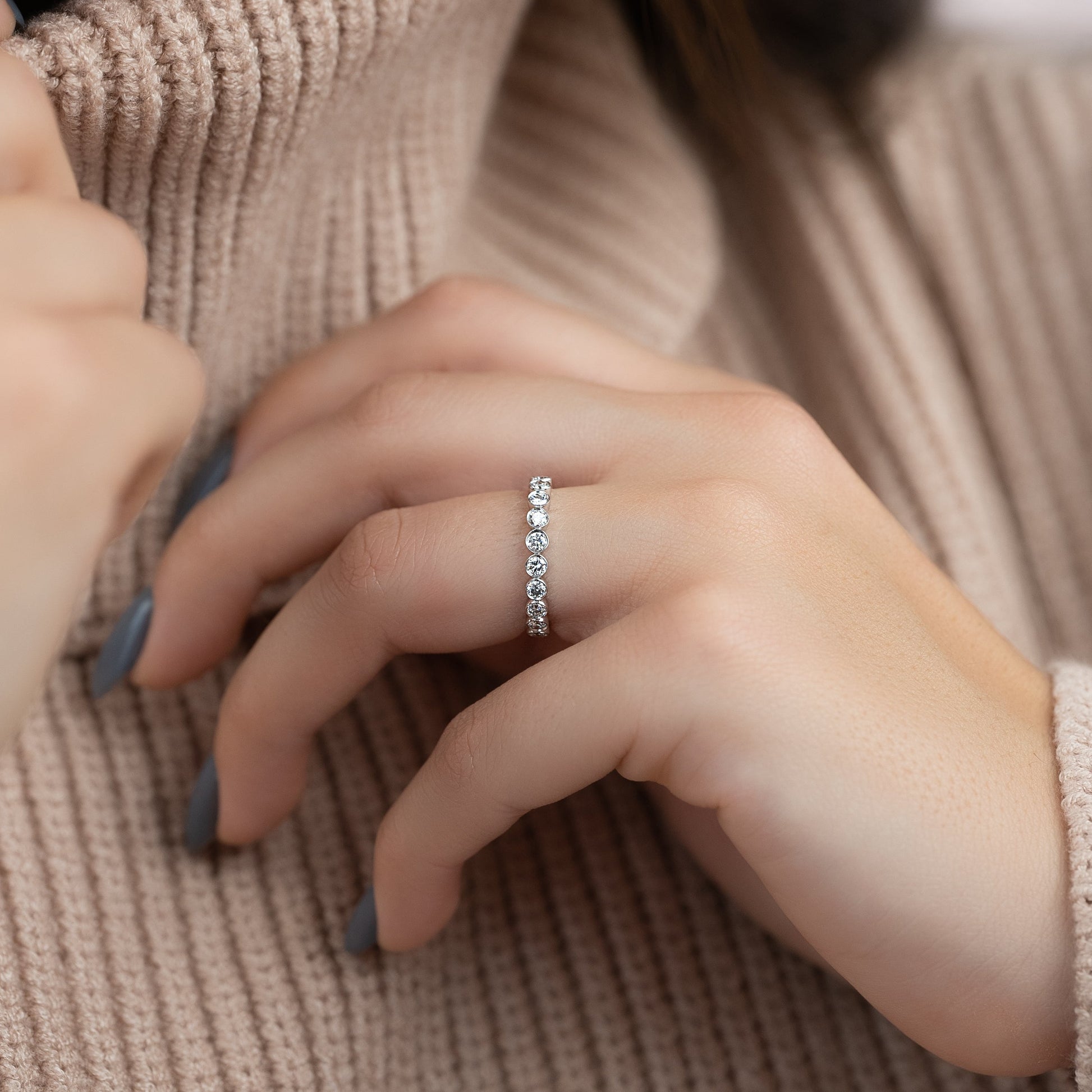 White :: 1 carat round bezel set lab grown diamond eternity ring white gold full band stackable ring